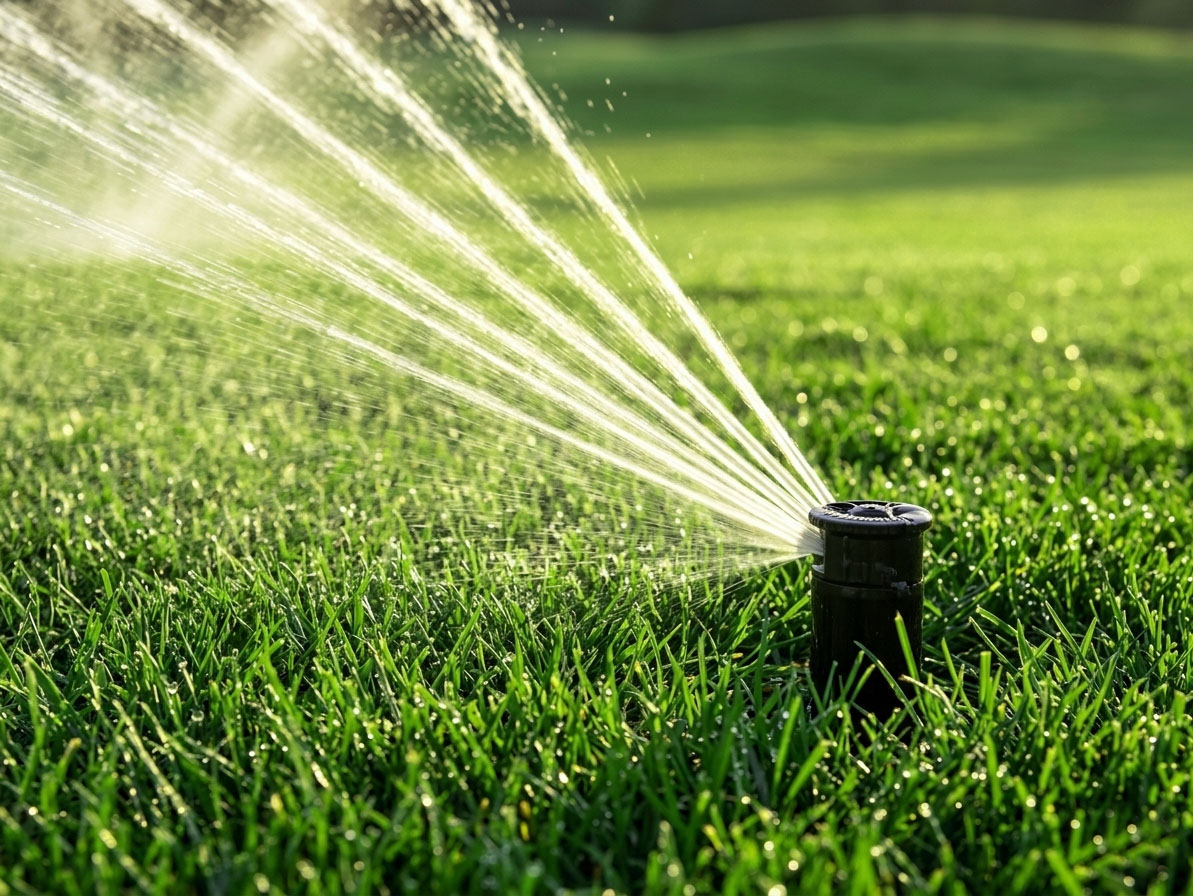 Poprawnie zamontowany zraszacz rotacyjny podlewający trawnik – unikaj błędów w zasięgu i ustawieniu.